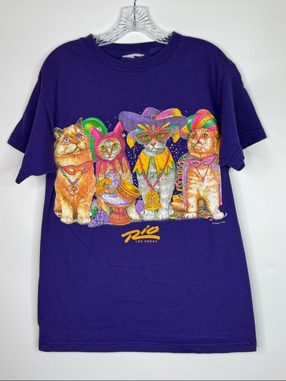 Vintage Rio Las Vegas Mardi Gras Cat Graphic Purple Tshirt AOP